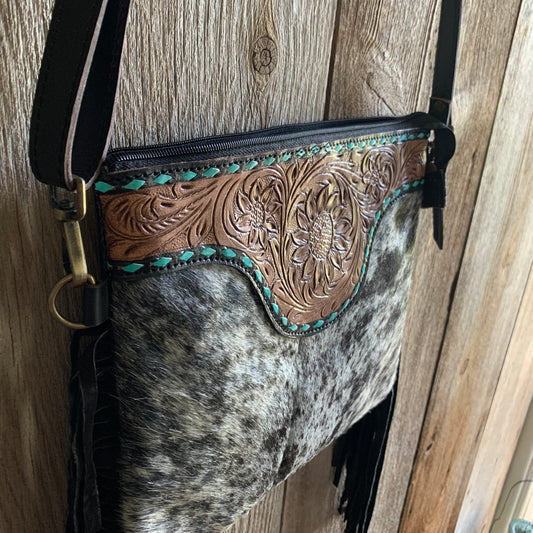 Cowhide Tooled Fringe Purse with Turquoise - 02