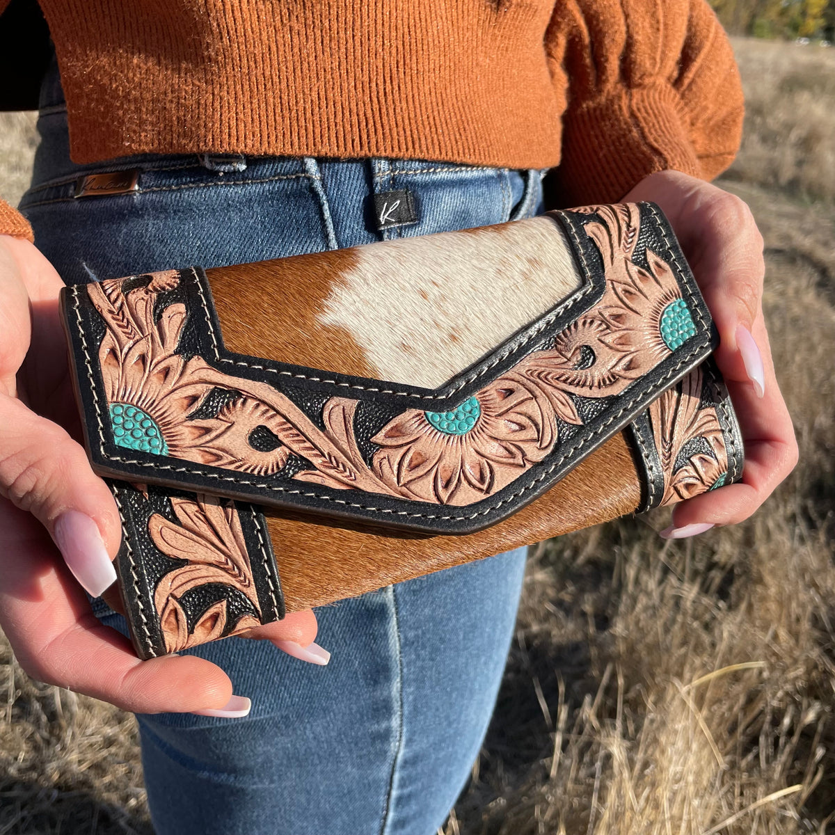 Cowhide dark tooling wallet