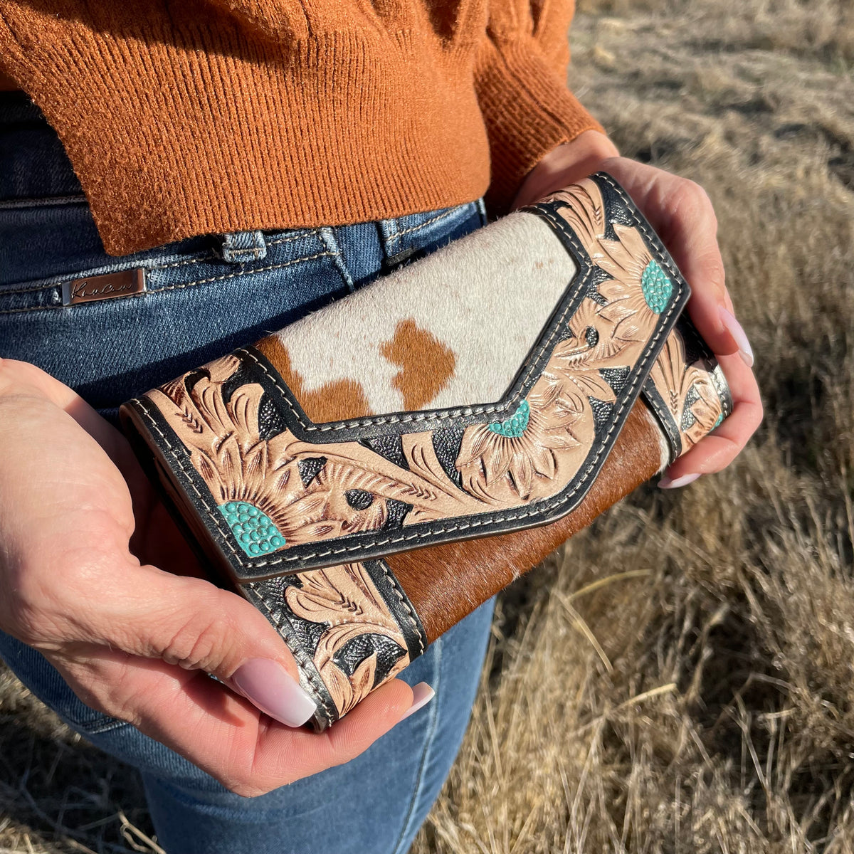 Cowhide dark tooling wallet