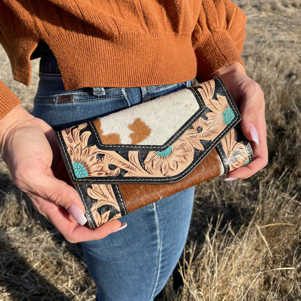 Cowhide dark tooling wallet