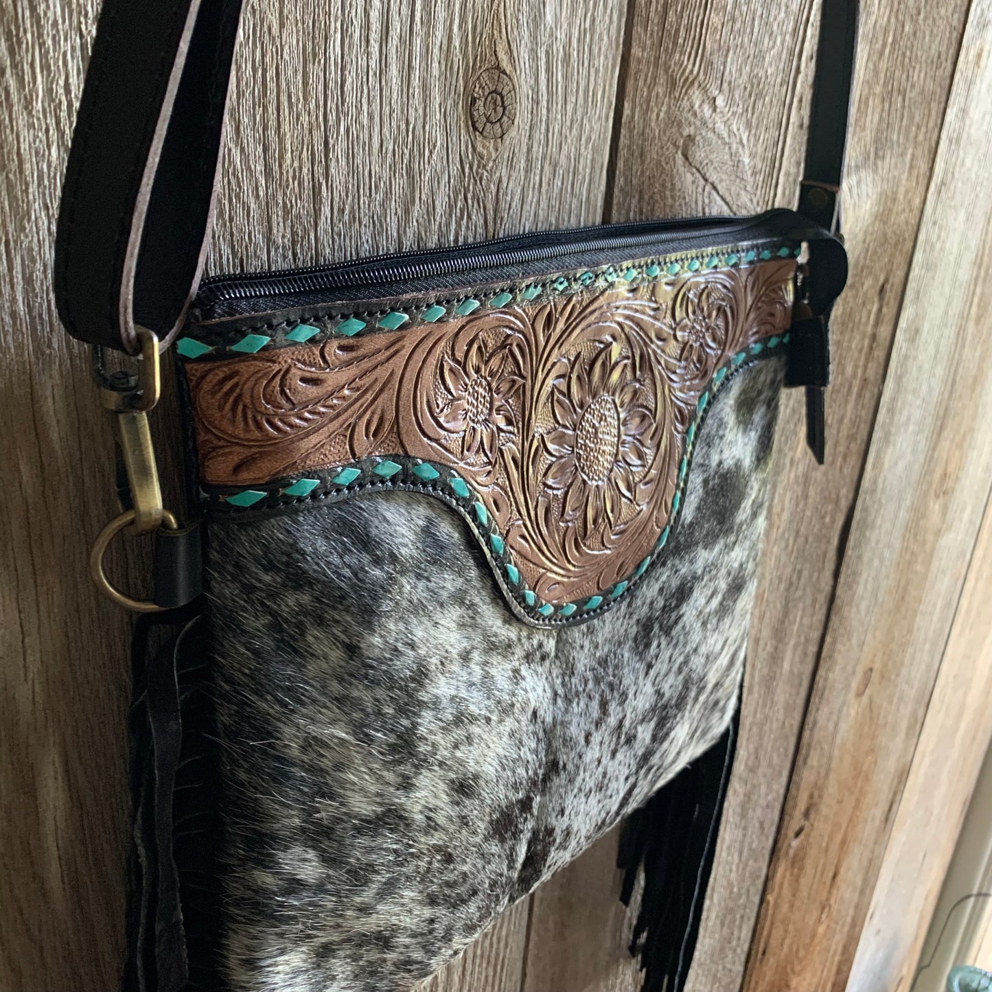 Cowhide Tooled Fringe Purse with Turquoise - 02