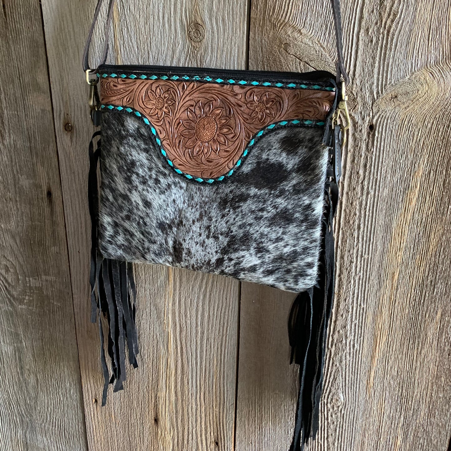 Cowhide Tooled Fringe Purse with Turquoise - 02