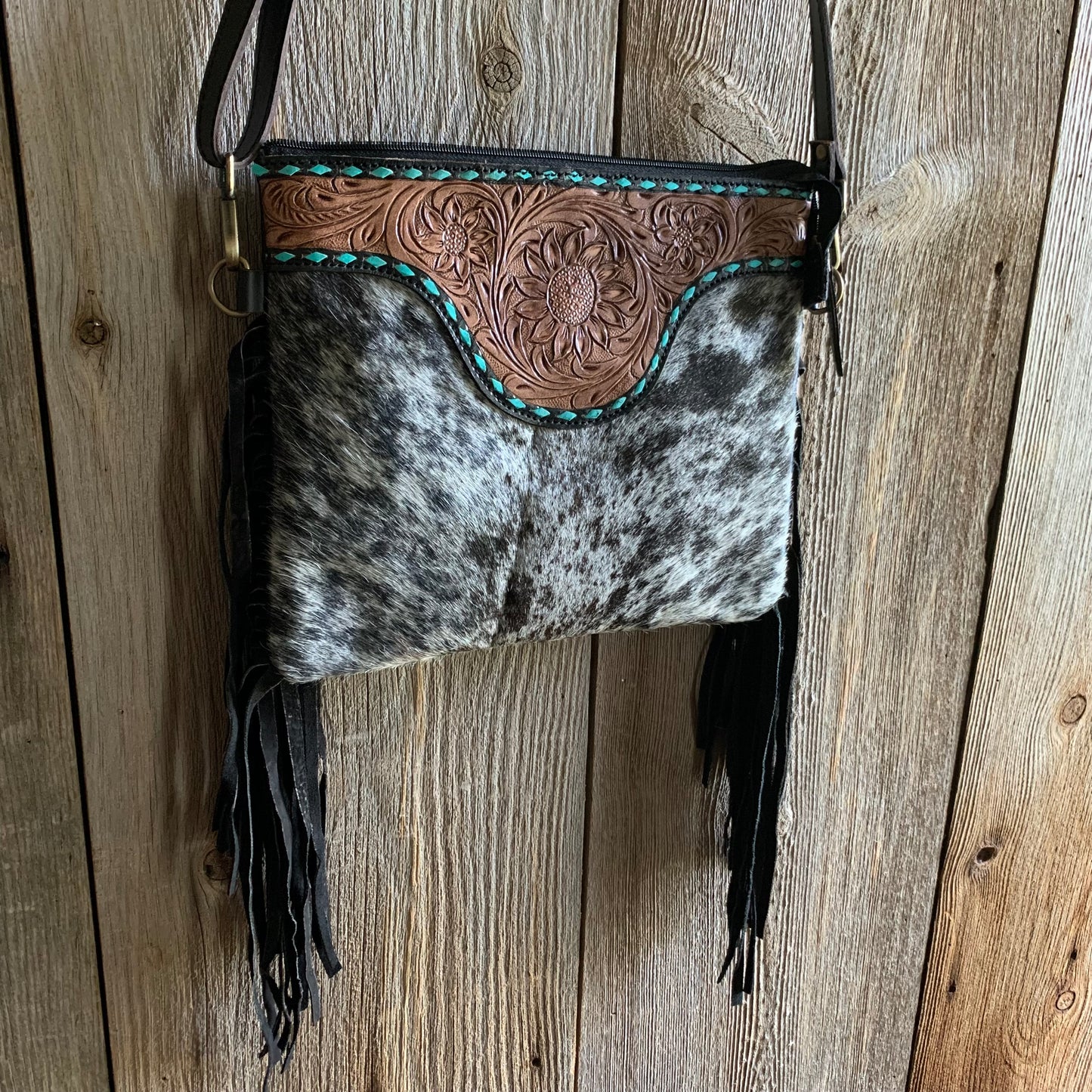 Cowhide Tooled Fringe Purse with Turquoise - 02
