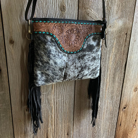 Cowhide Tooled Fringe Purse with Turquoise - 02