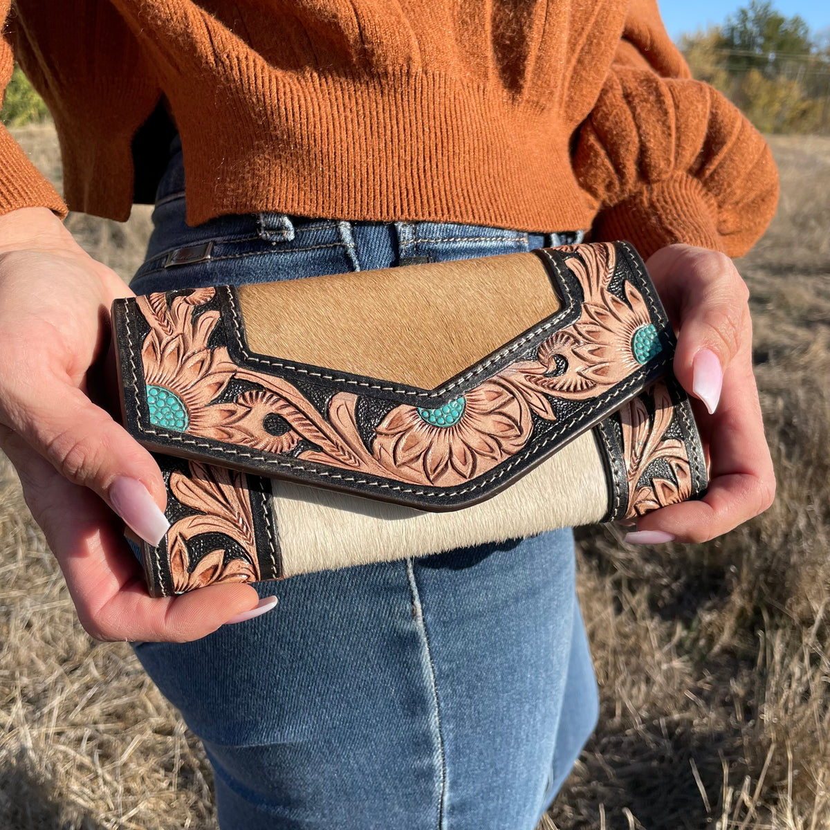 Cowhide dark tooling wallet