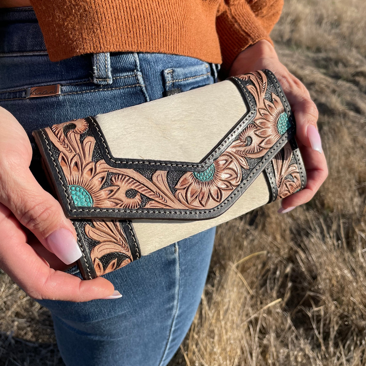 Cowhide dark tooling wallet