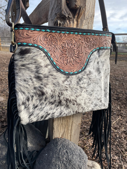 Cowhide Tooled Fringe Purse with Turquoise - 01