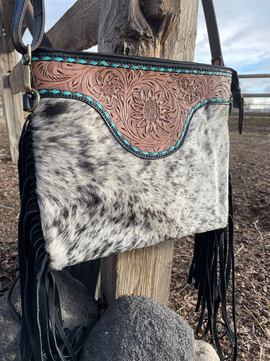 Cowhide Tooled Fringe Purse with Turquoise - 01